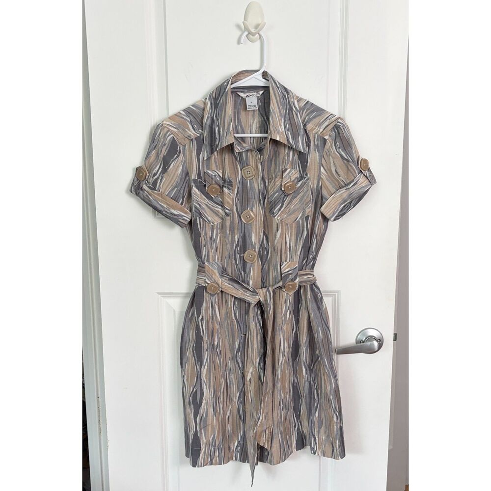 Kenzie Cotton Silk Blend Abstract Ikat Print Utility Shirt Dress 8 Safari Chic